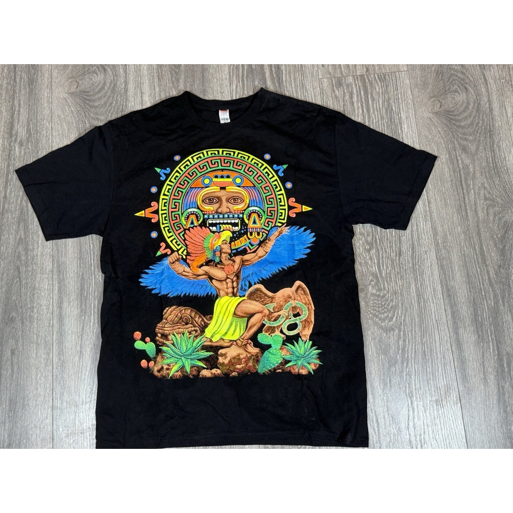 AZTEC MAYA Neon Paint Graphic Large Shirt Black